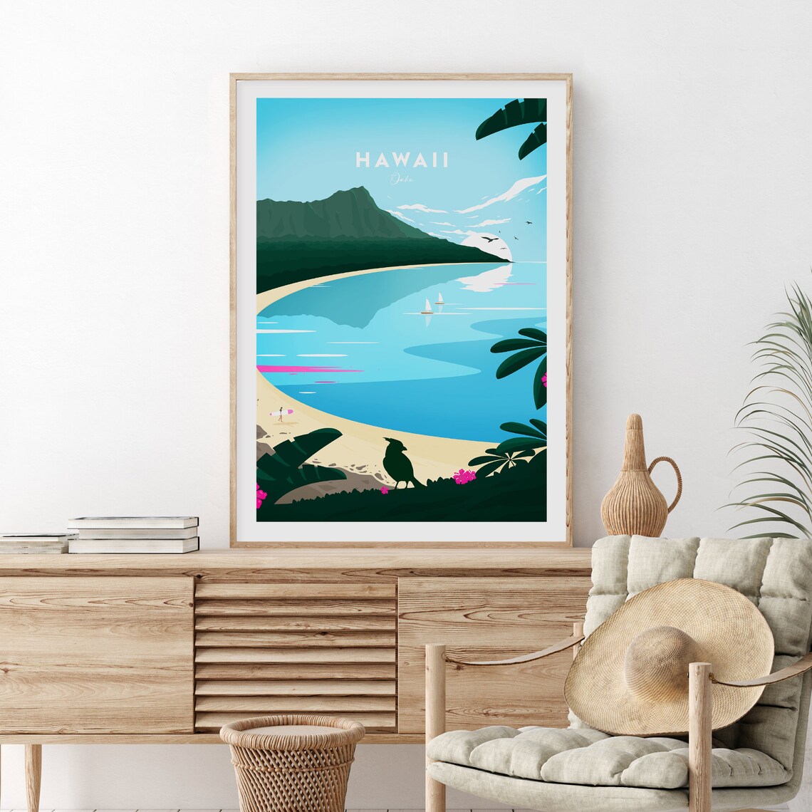 Hawaii Oahu Beach Bay with Sailboats Vintage Tropical Travel Poster