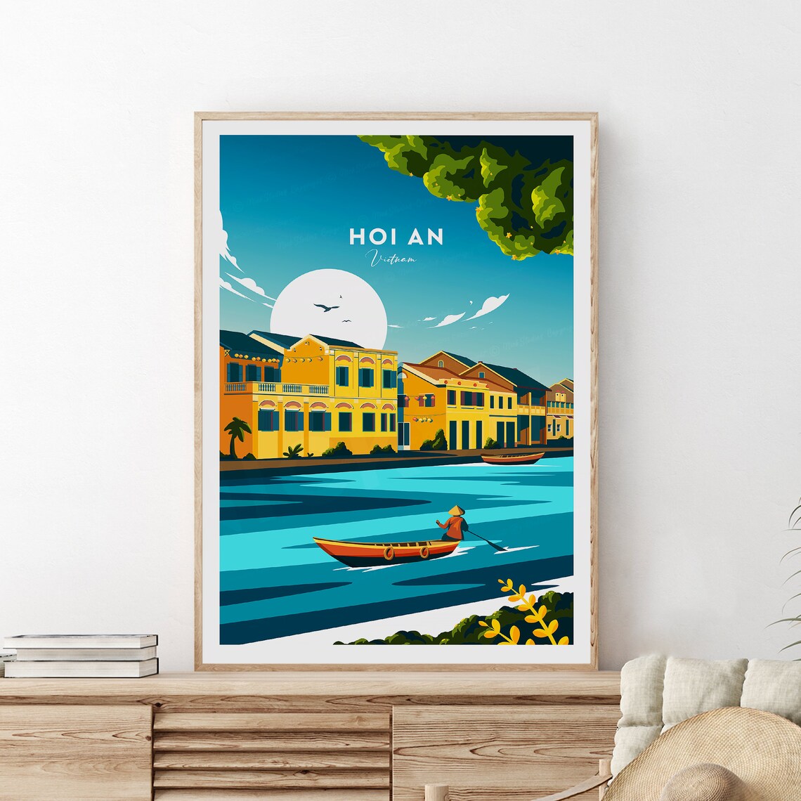 Hoi An Vietnam Riverside Boat Old Town Illustrated Travel Poster