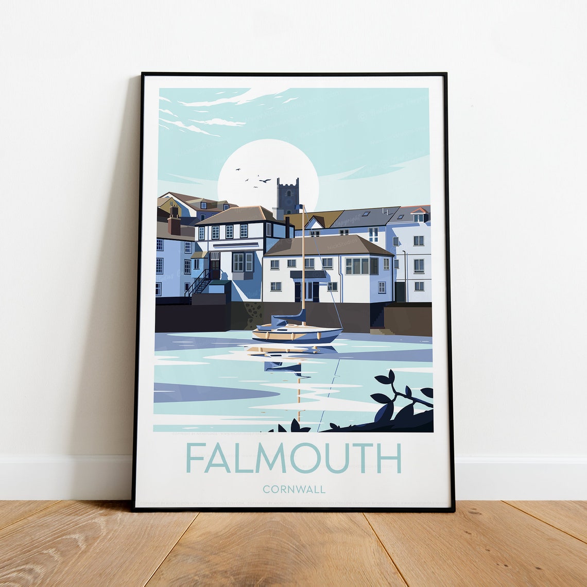 Falmouth Cornwall Harbor Church Tower Sailboat Coast Day Poster