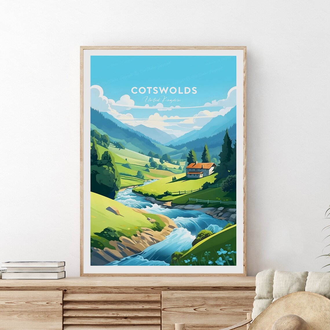 Cotswolds England Green Valley River Cottage Traditional Travel Poster