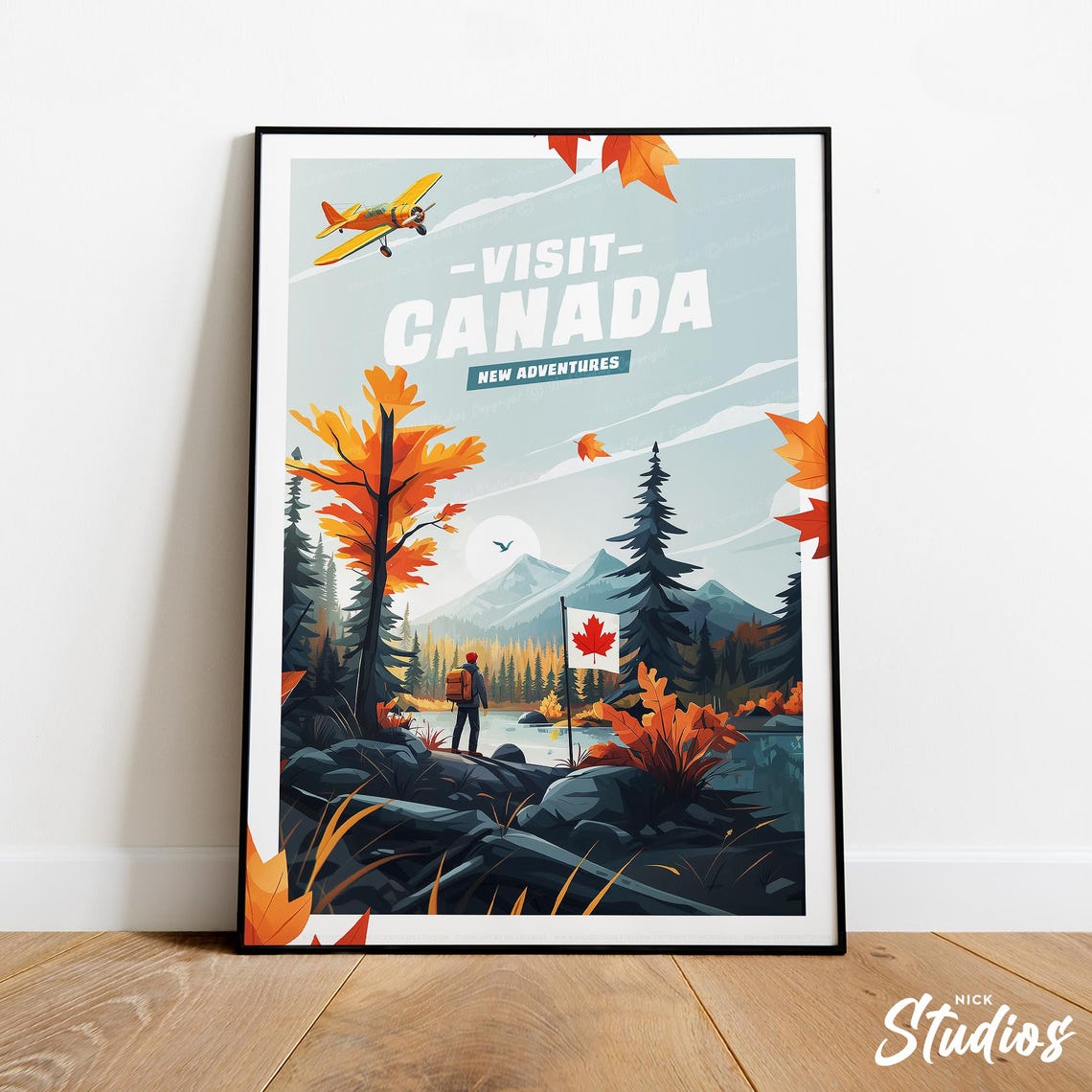 Visit Canada New Adventures Autumn Hiker Maple Lake Vintage Poster