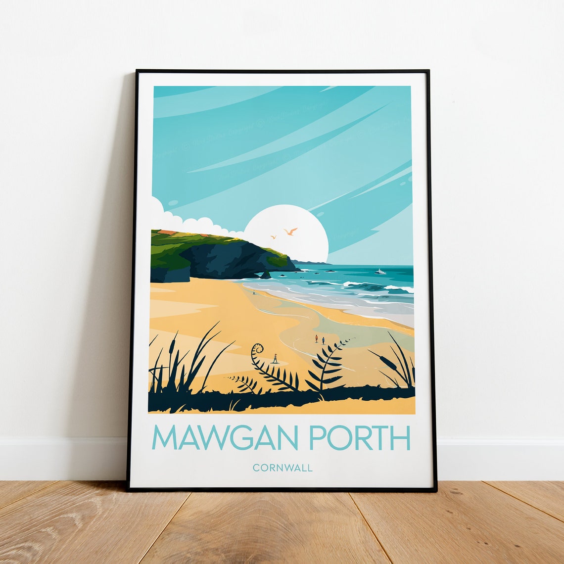 Mawgan Porth Cornwall Sandy Cove Beach Cliffs Sunset Travel Poster