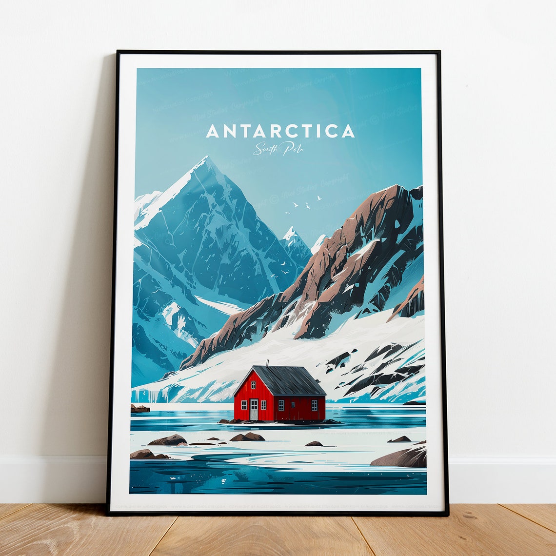 Remote Antarctica South Pole Red Cabin Snowy Peaks View Poster - Image 2