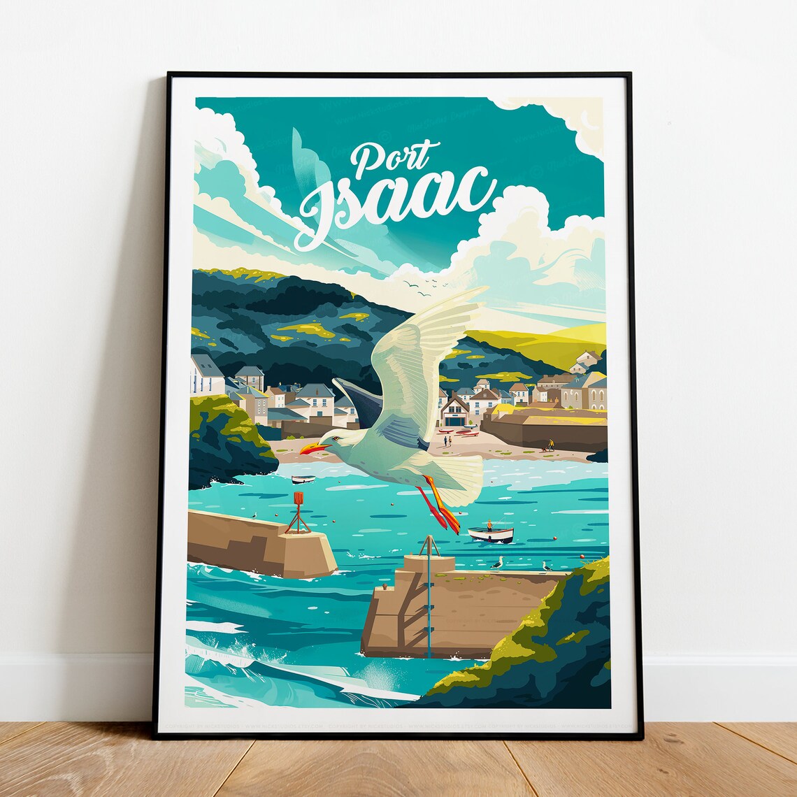 Port Isaac Cornwall Harbor Seagull Coastal Village Travel Poster - Image 2