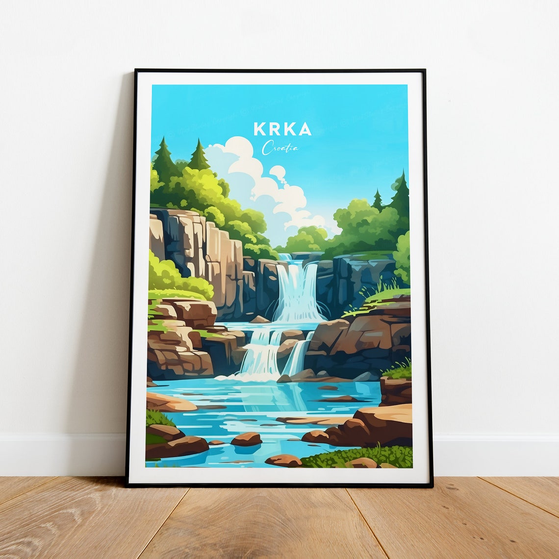 Krka Croatia Cascading Waterfalls Lush Canyon River Travel Poster