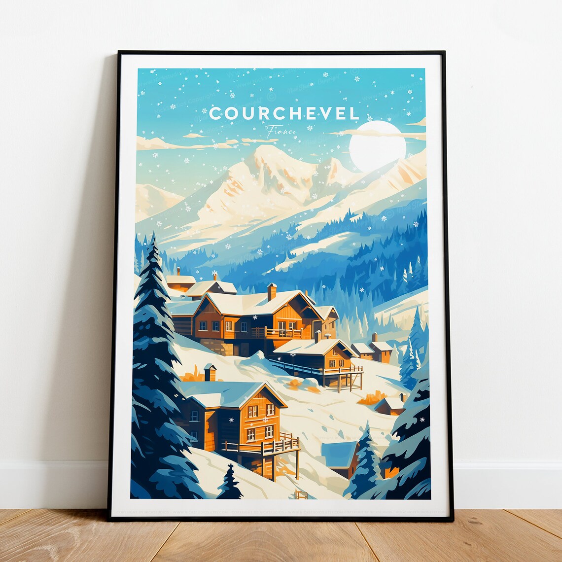 Courchevel Snowy Alpine Chalets Ski Resort Village Night Travel Poster - Image 2