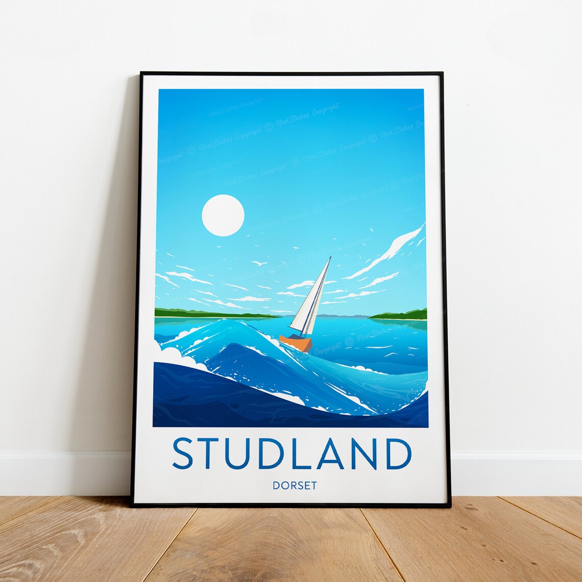 Studland Dorset Sailboat Open Sea Bright Blue Coastal Travel Poster