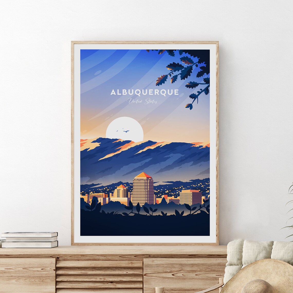 Albuquerque New Mexico Skyline Mountains Moon Dusk City Travel Poster - Image 2