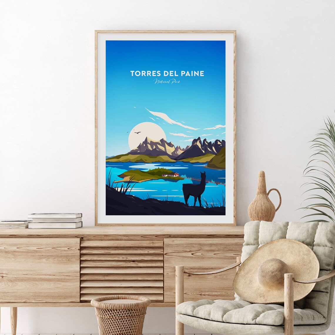 Torres del Paine National Park Guanaco Patagonian Lake Travel Poster