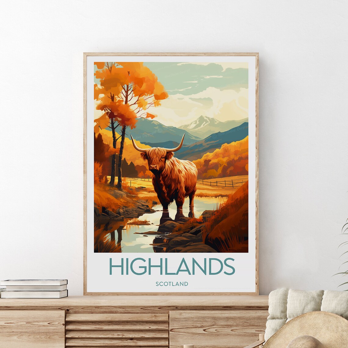 Highlands Scotland Highland Cow Autumn Hills Mountain Travel Poster - Image 2