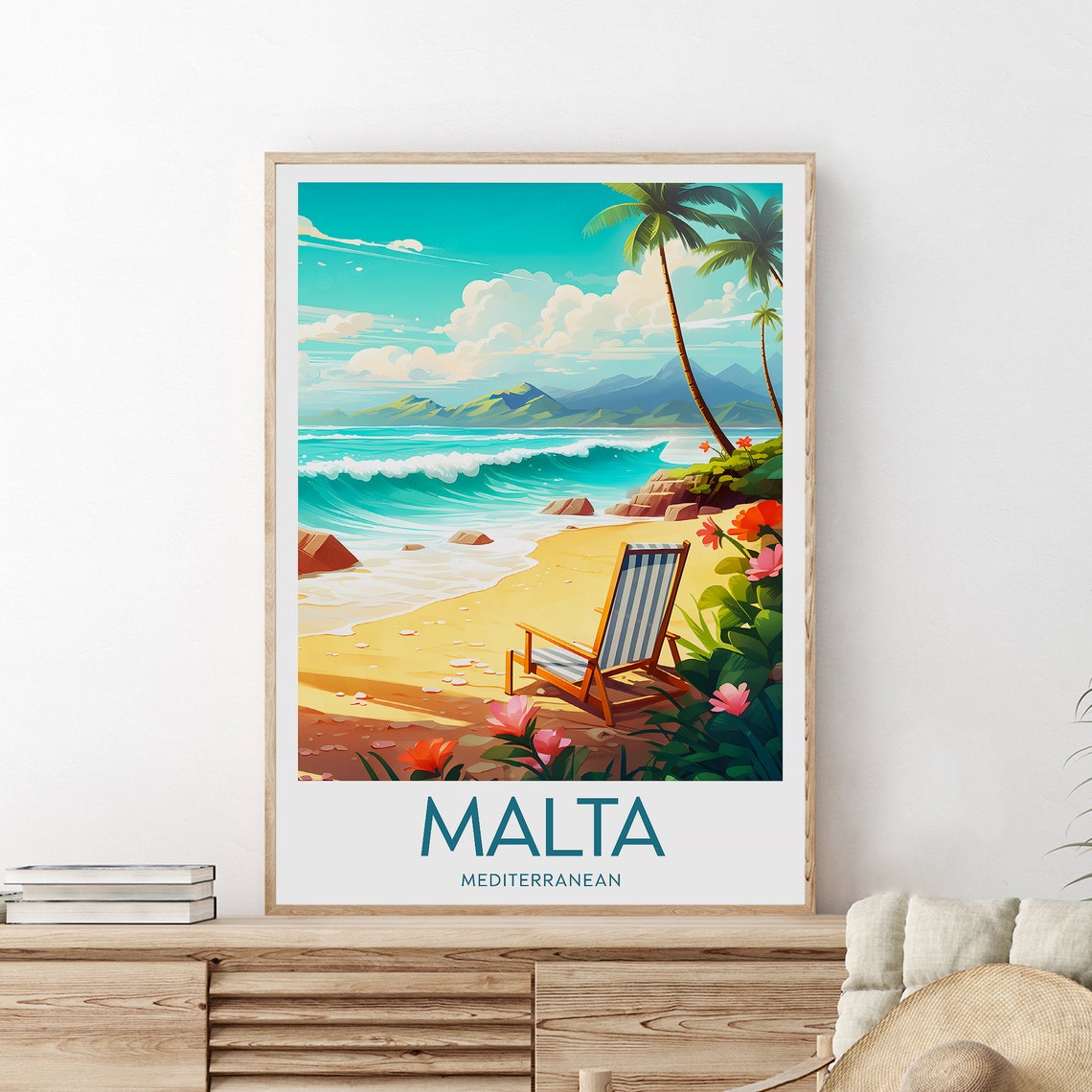 Malta Mediterranean Beach Palm Deck Chair Sunny Day Travel Poster - Image 2