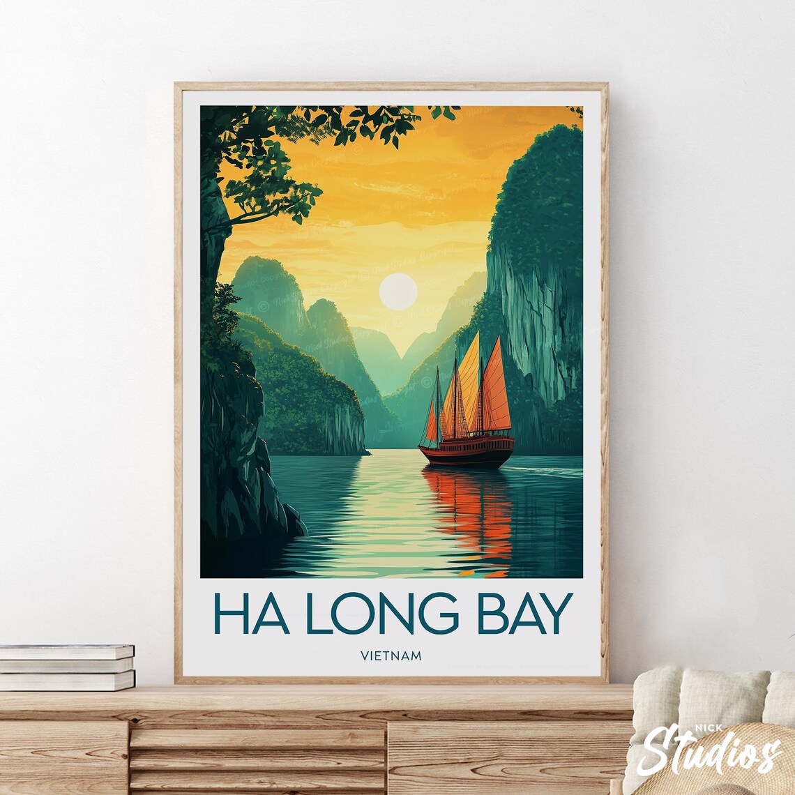 Ha Long Bay Vietnam Sunset Harbor Sailboat Vintage Travel Poster