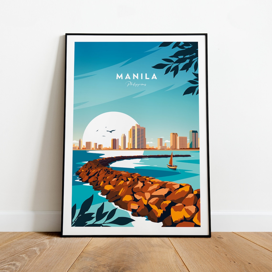 Manila Philippines Skyline Rocky Breakwater Sunset Travel Poster