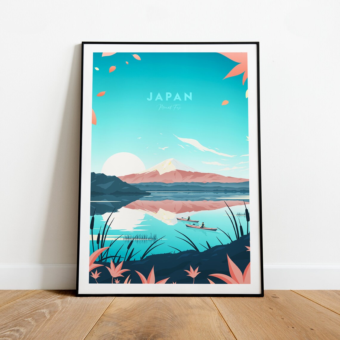 Mount Fuji Japan Autumn Lake Canoe Sunrise Glow Travel Poster - Image 2