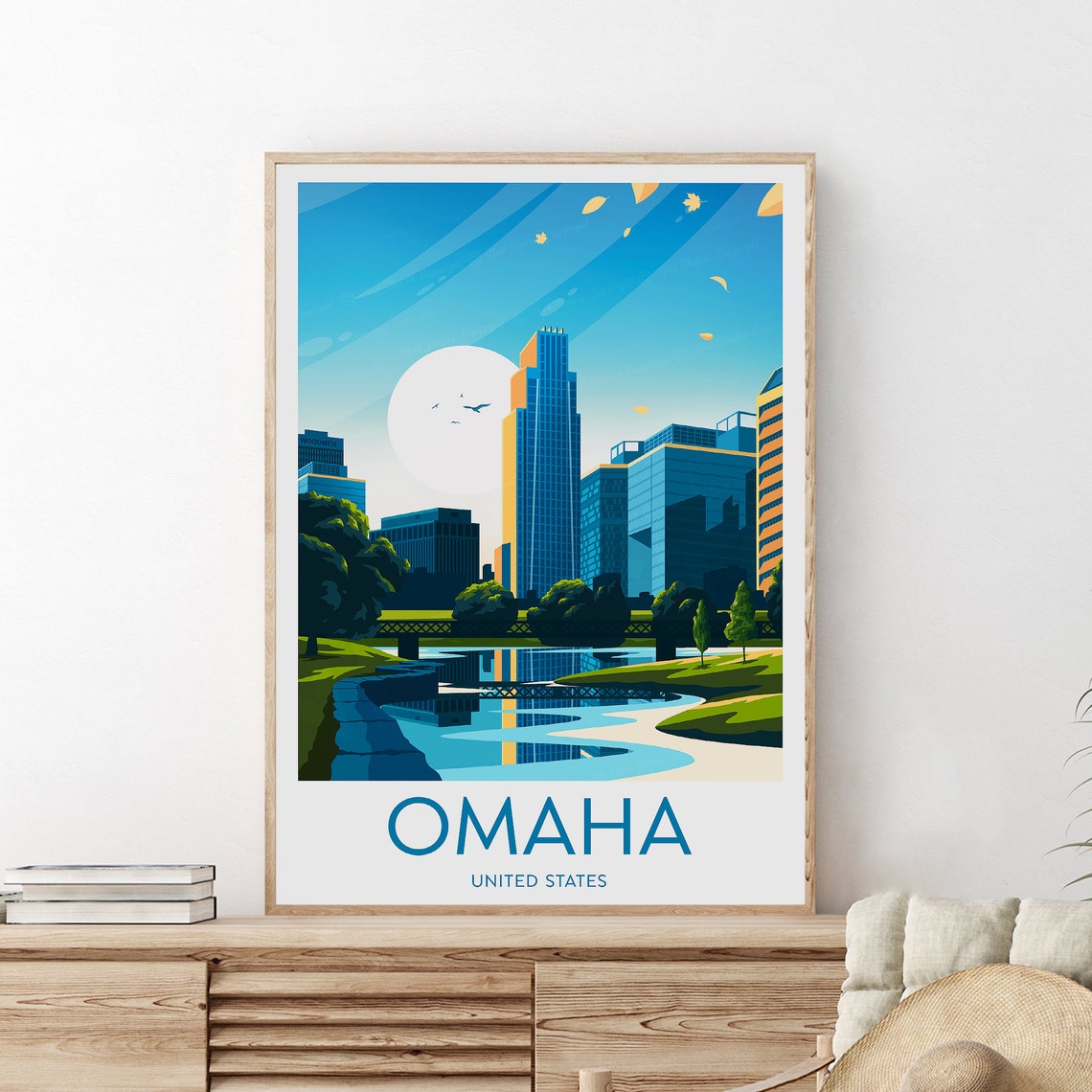 Omaha Nebraska City Skyline River Moonlight Urban Travel Poster - Image 2