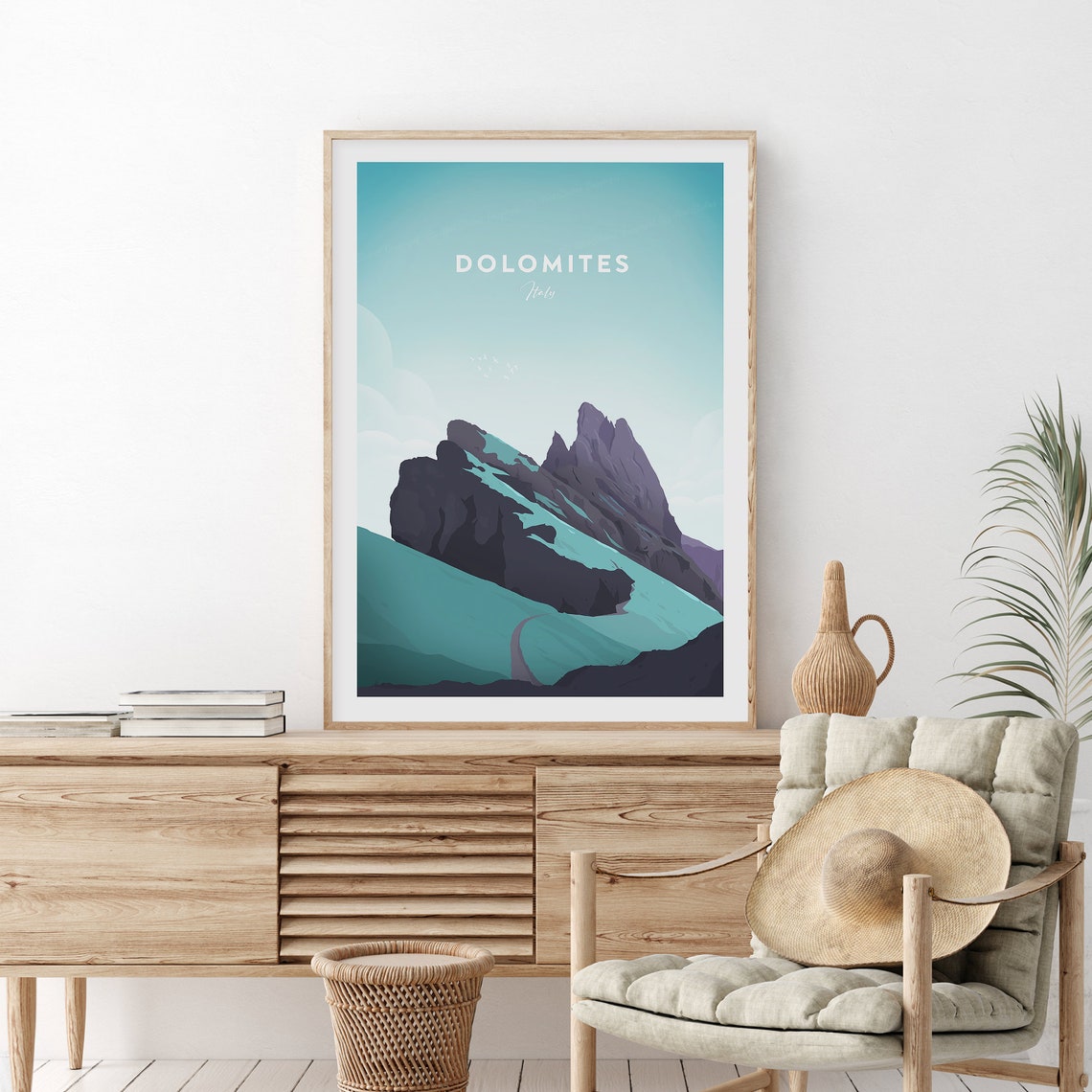 Dolomites Italy Minimalist Jagged Mountain Peaks Teal Travel Poster