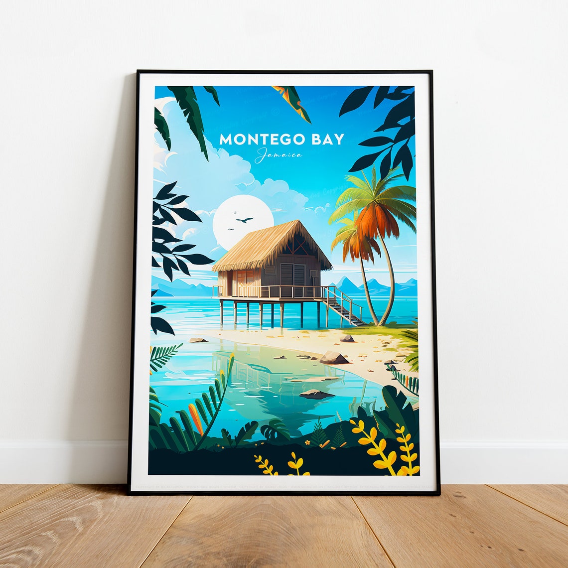 Montego Bay Jamaica Beach Hut Palm Trees Lagoon Travel Poster - Image 2