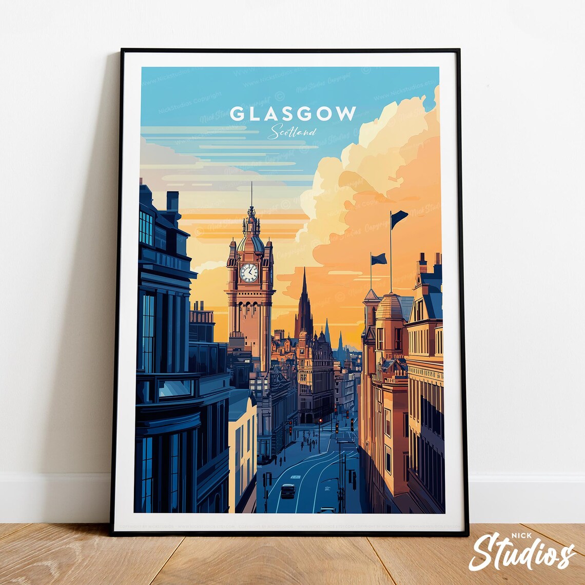 Glasgow Scotland City Chambers Golden Sky Architecture Travel Poster