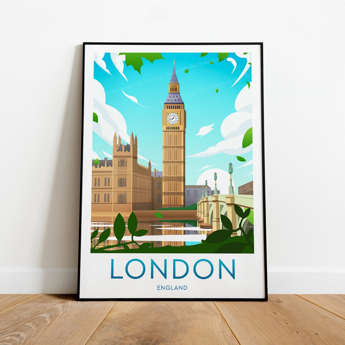 London England Big Ben Westminster Bridge Spring Travel Poster - Image 2