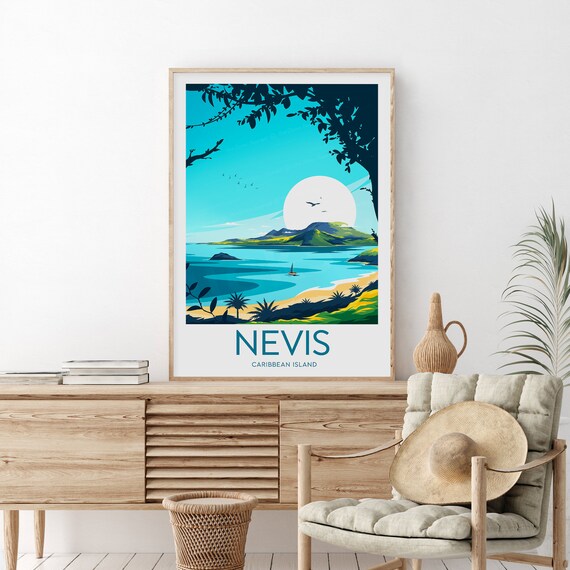 Nevis Caribbean Island Bay Nevis Peak Palms Sailboat Scenic Travel Poster