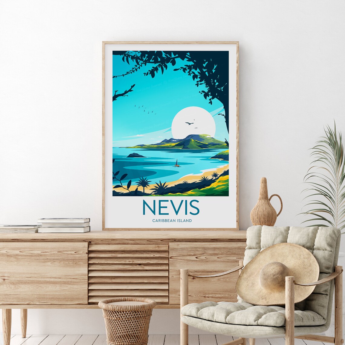 Nevis Caribbean Island Bay Nevis Peak Palms Sailboat Scenic Travel Poster