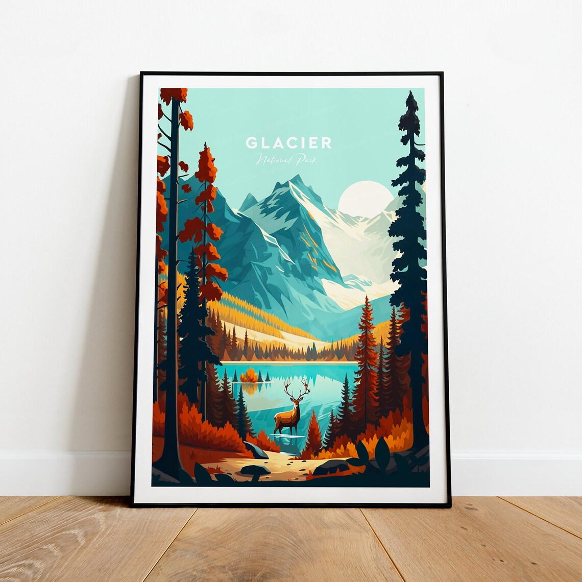 Glacier National Park Mountain Lake Elk Autumn Travel Poster