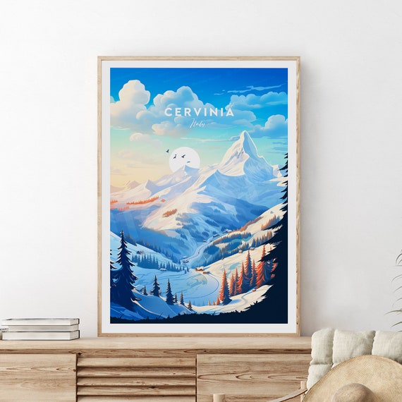 Cervinia Traditional Ski Print Italy Cervinia Poster Ski Poster Ski Resort Print Ski Art Wedding Gift Birthday