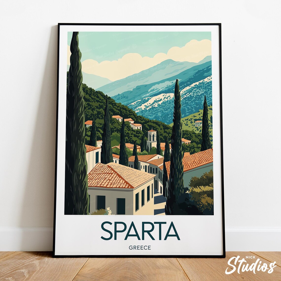 Sparta Greece Cypress Mountain Village Vintage Travel Poster Art