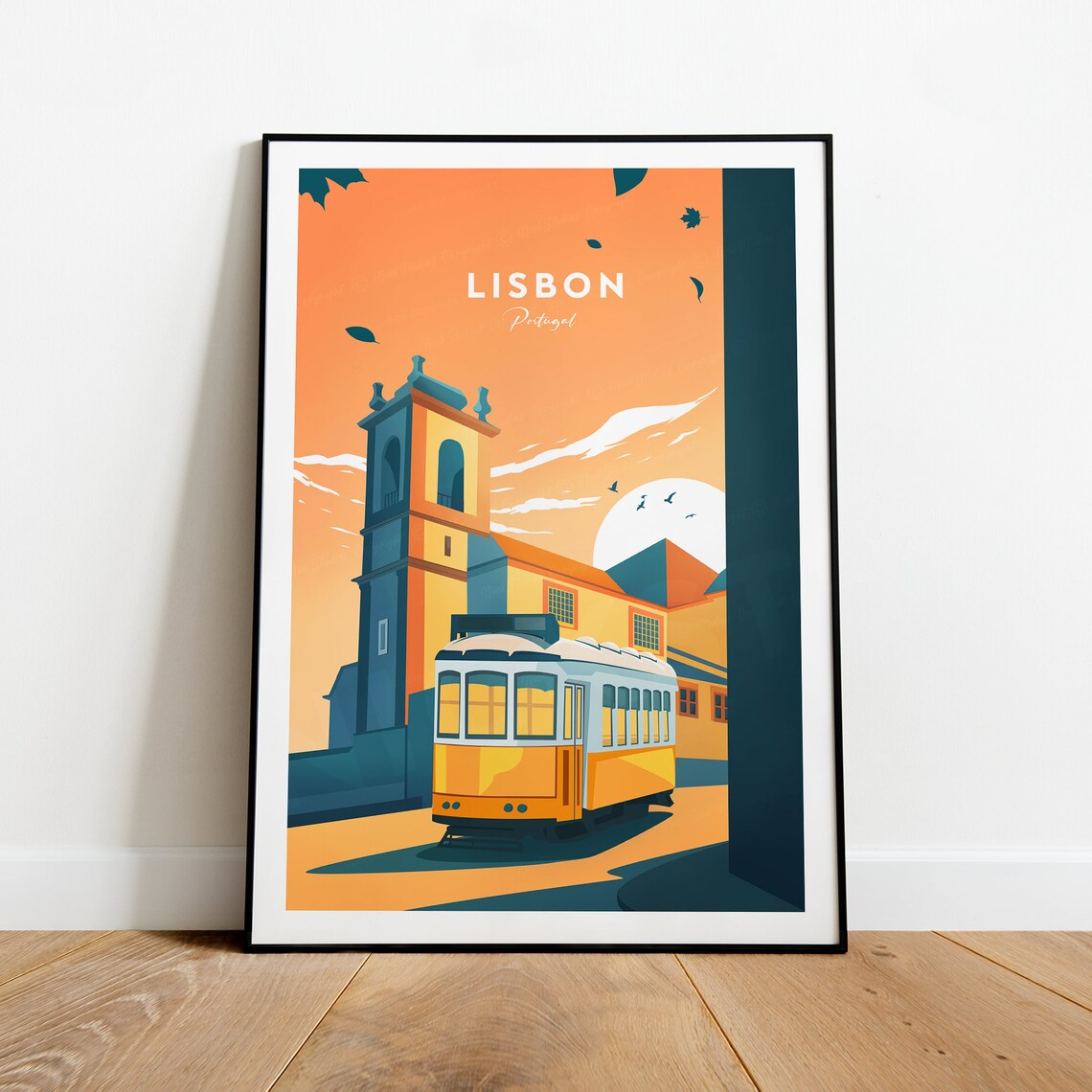 Lisbon Portugal Yellow Tram Sunset Historic Street Scene Poster