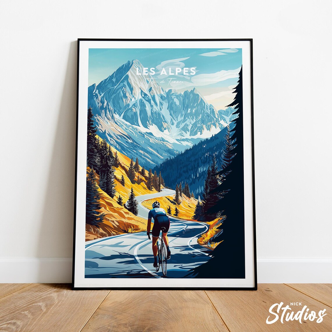 Les Alpes Tour de France Vintage Cycling Mountain Road Poster