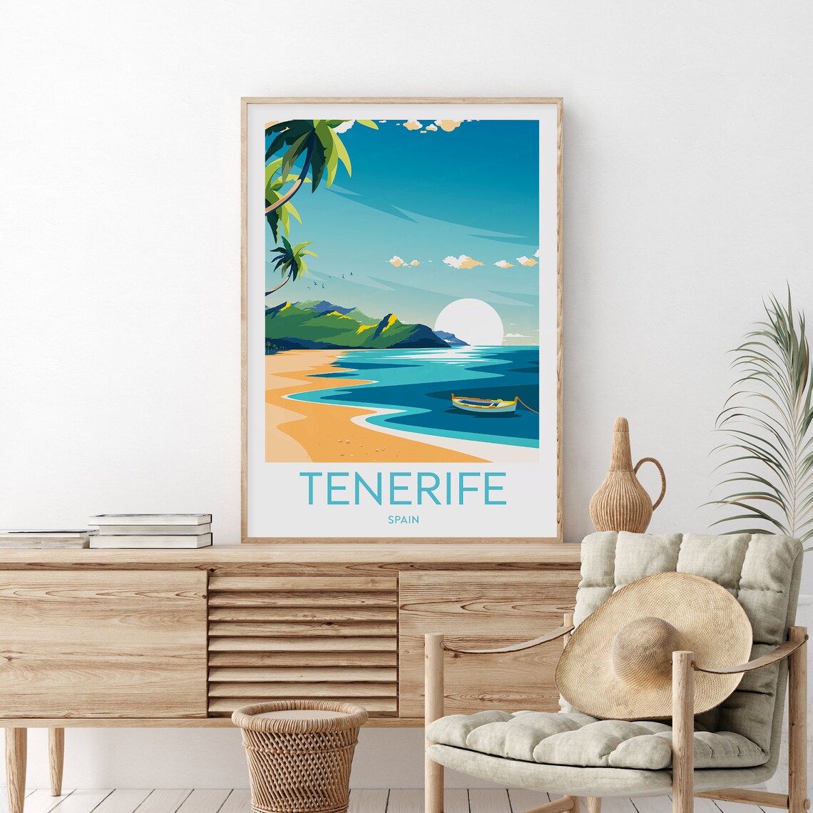 Tenerife Spain Golden Sunset Beach Lone Sailboat Travel Poster