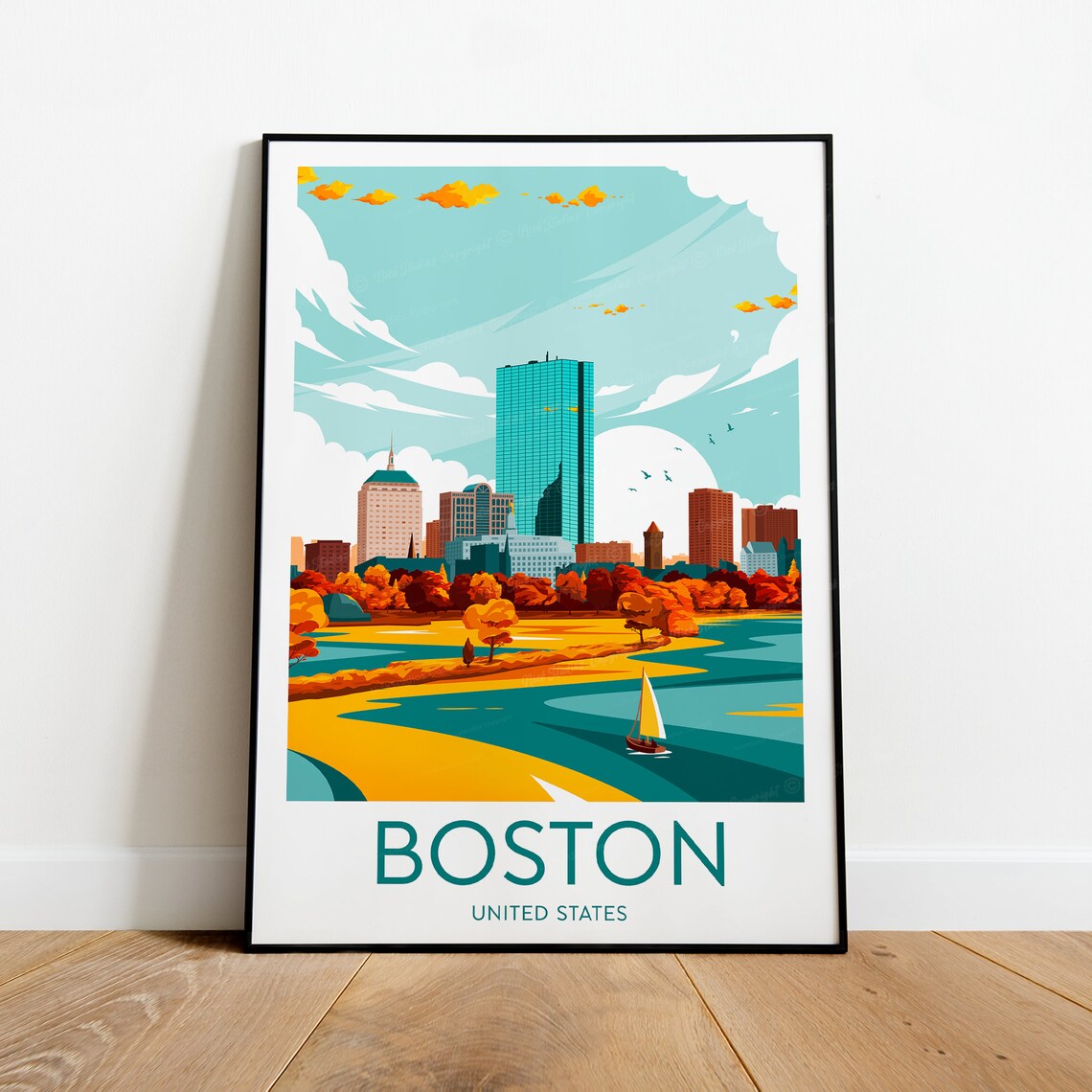 Boston Massachusetts Autumn Skyline Harbor Sailboat Travel Poster