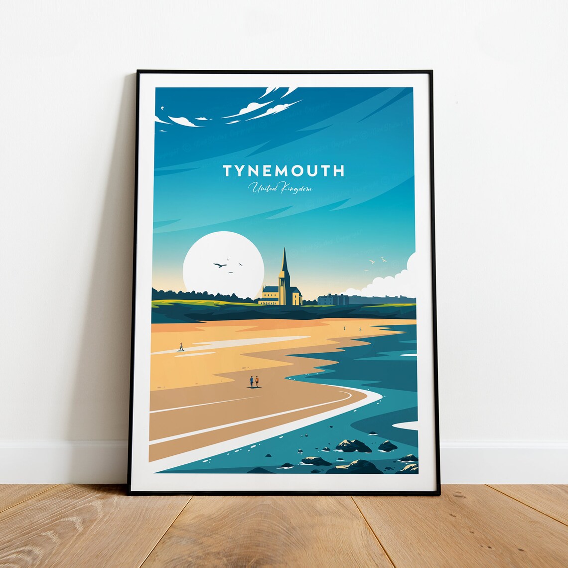 Tynemouth United Kingdom Beach Church Moonlit Sunset Travel Poster