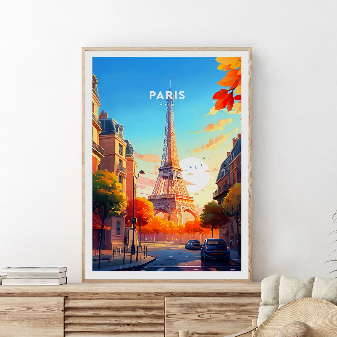 Paris Eiffel Tower Autumn Sunset Boulevard Scene Travel Poster - Image 2