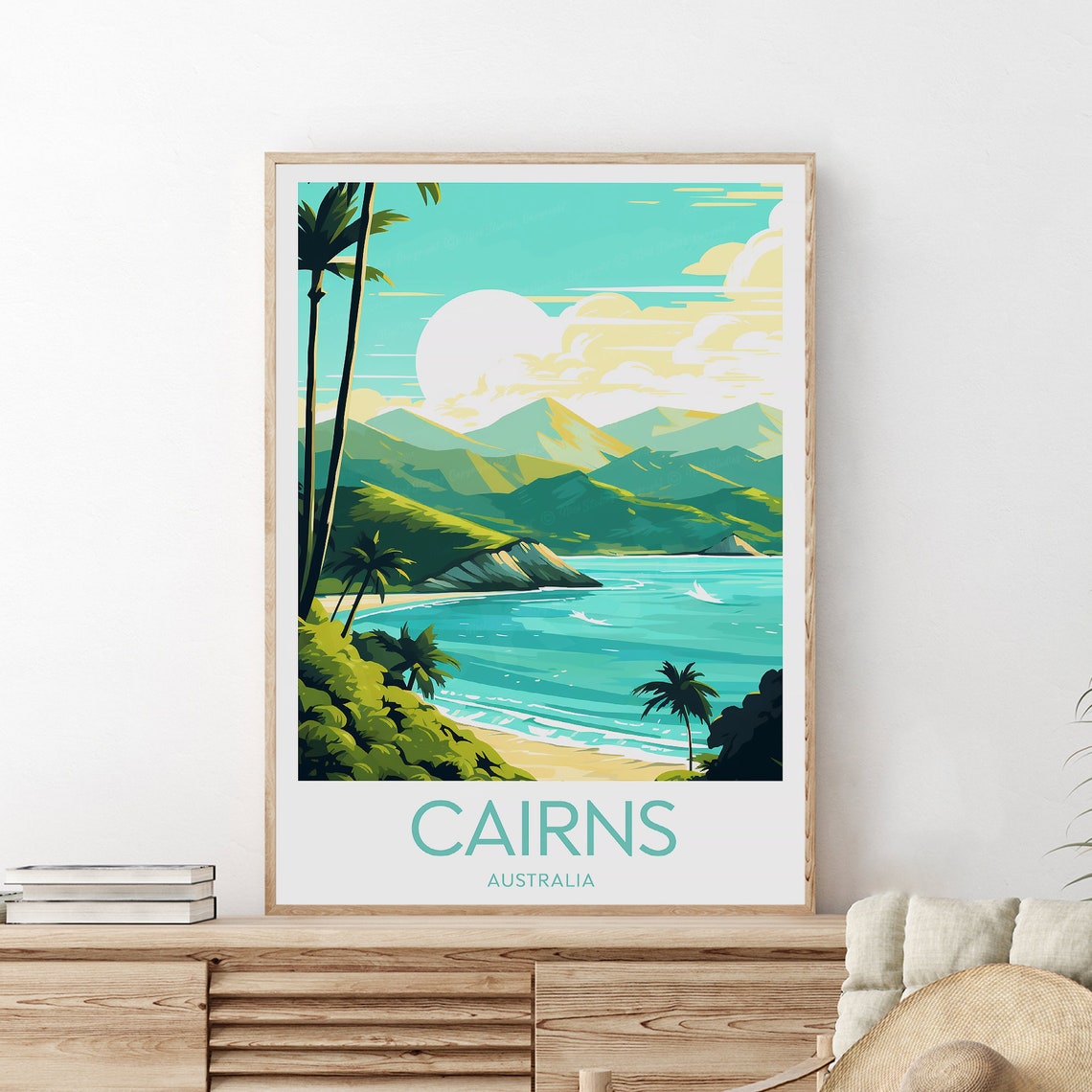 Cairns Australia Tropical Beach Palm Mountain Bay Scene Poster