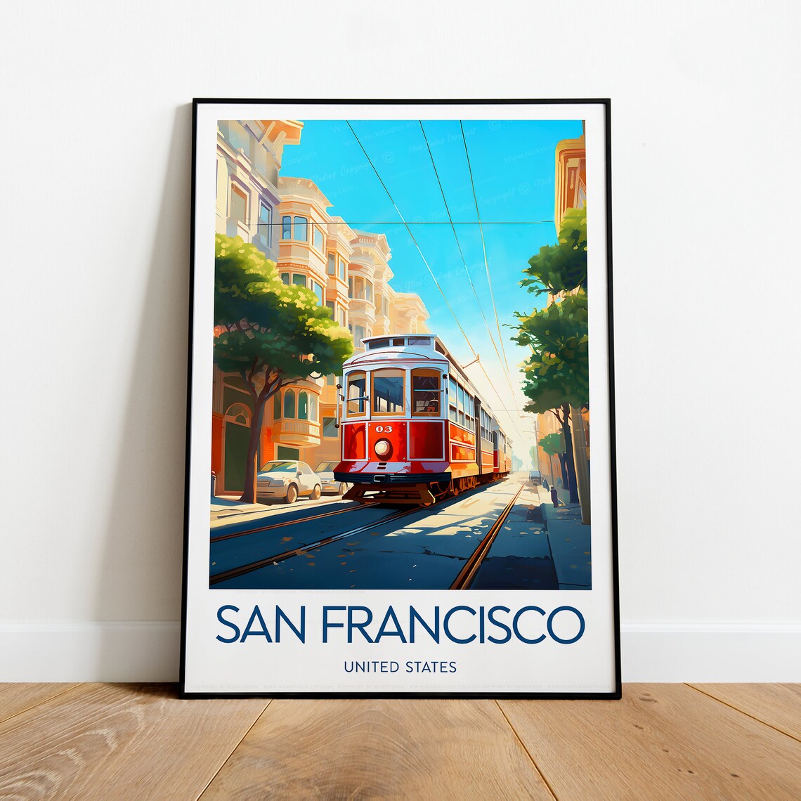 San Francisco Cable Car Victorian Street Scene City Travel Poster