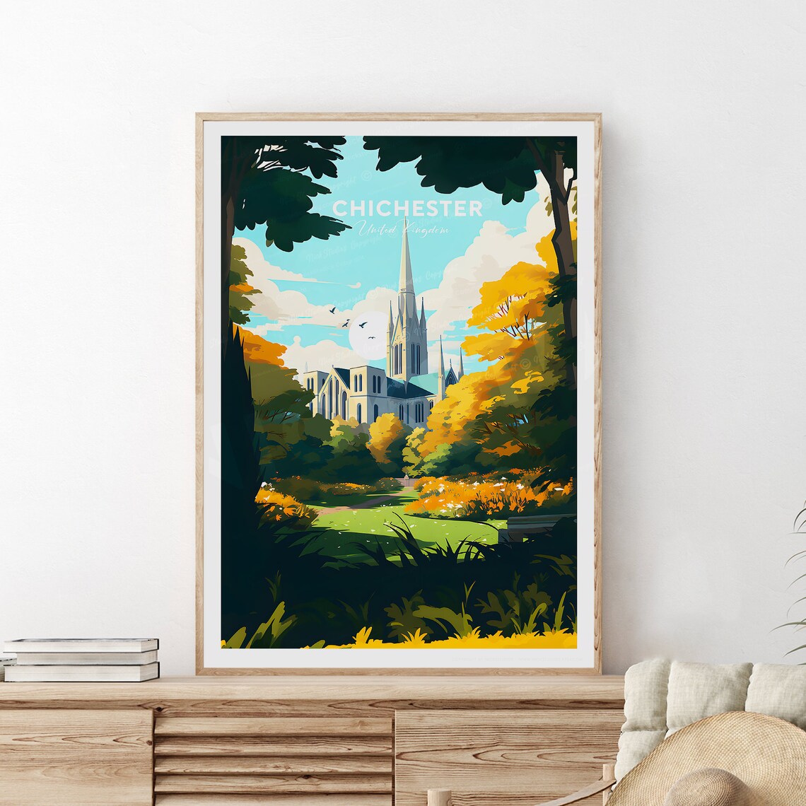 Chichester Cathedral Spire Autumn Garden Park View Travel Poster