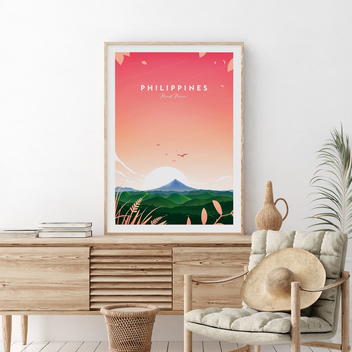 Philippines Mount Mayon Volcano Sunset Green Fields View Poster