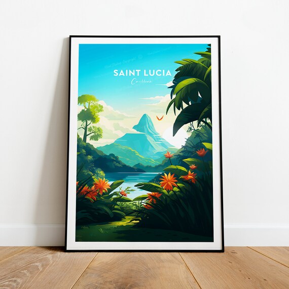 Saint Lucia Caribbean Pitons Tropical Garden Orange Flowers Travel Poster