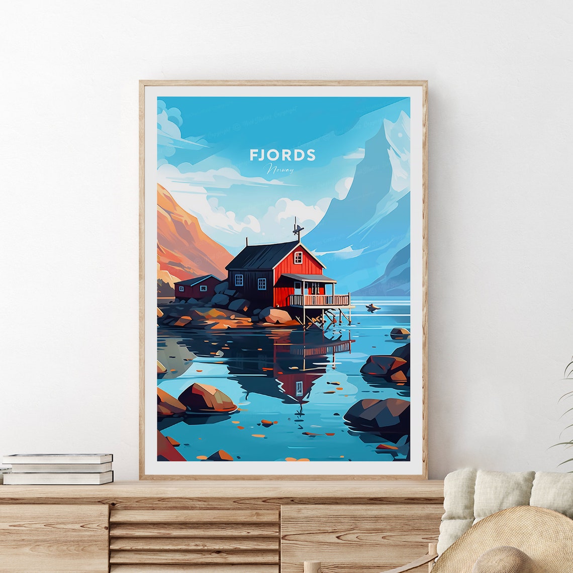 Norway Fjords Red Cabin Water Reflection Mountain Travel Poster