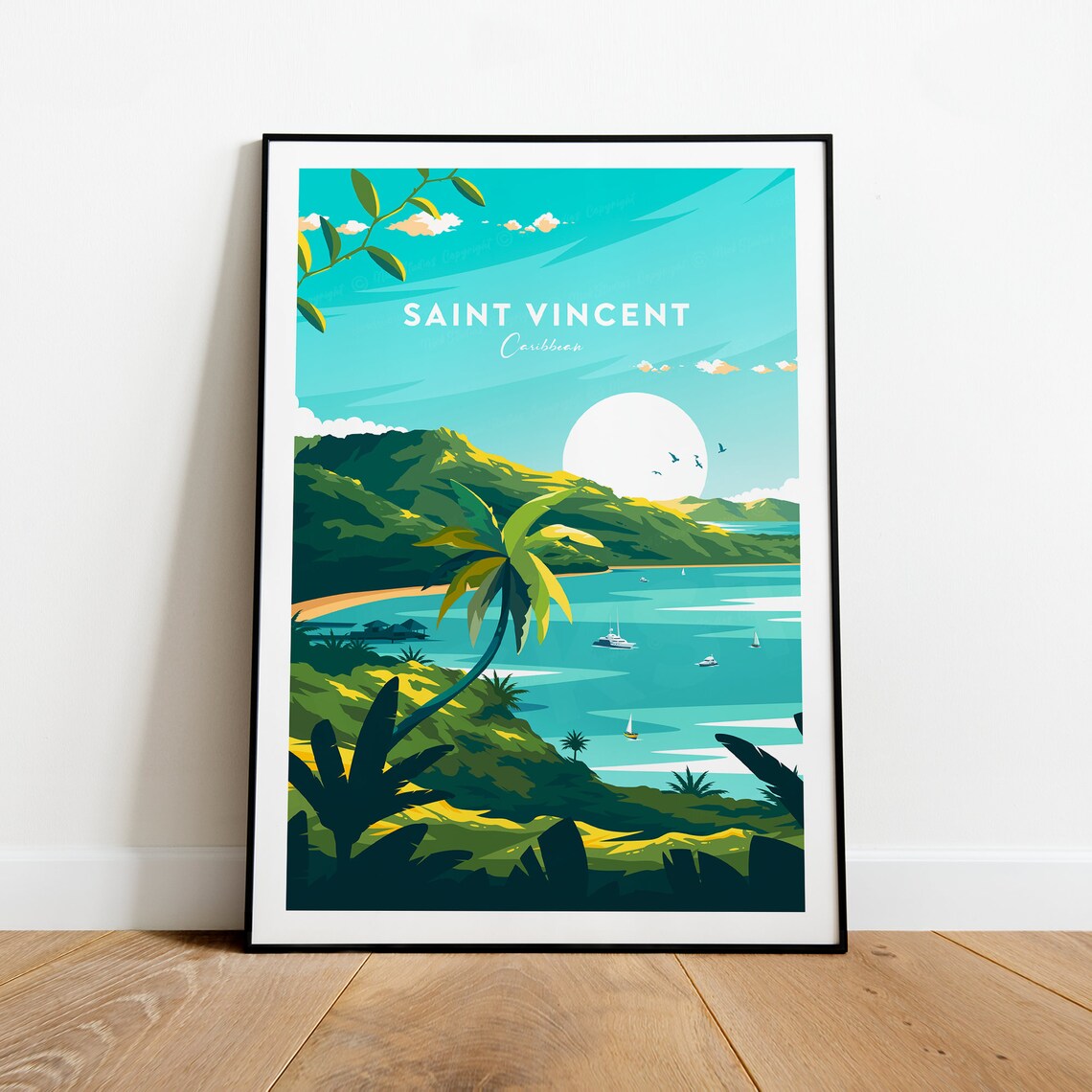 Saint Vincent Caribbean Bay Sailboats Green Hills Travel Poster