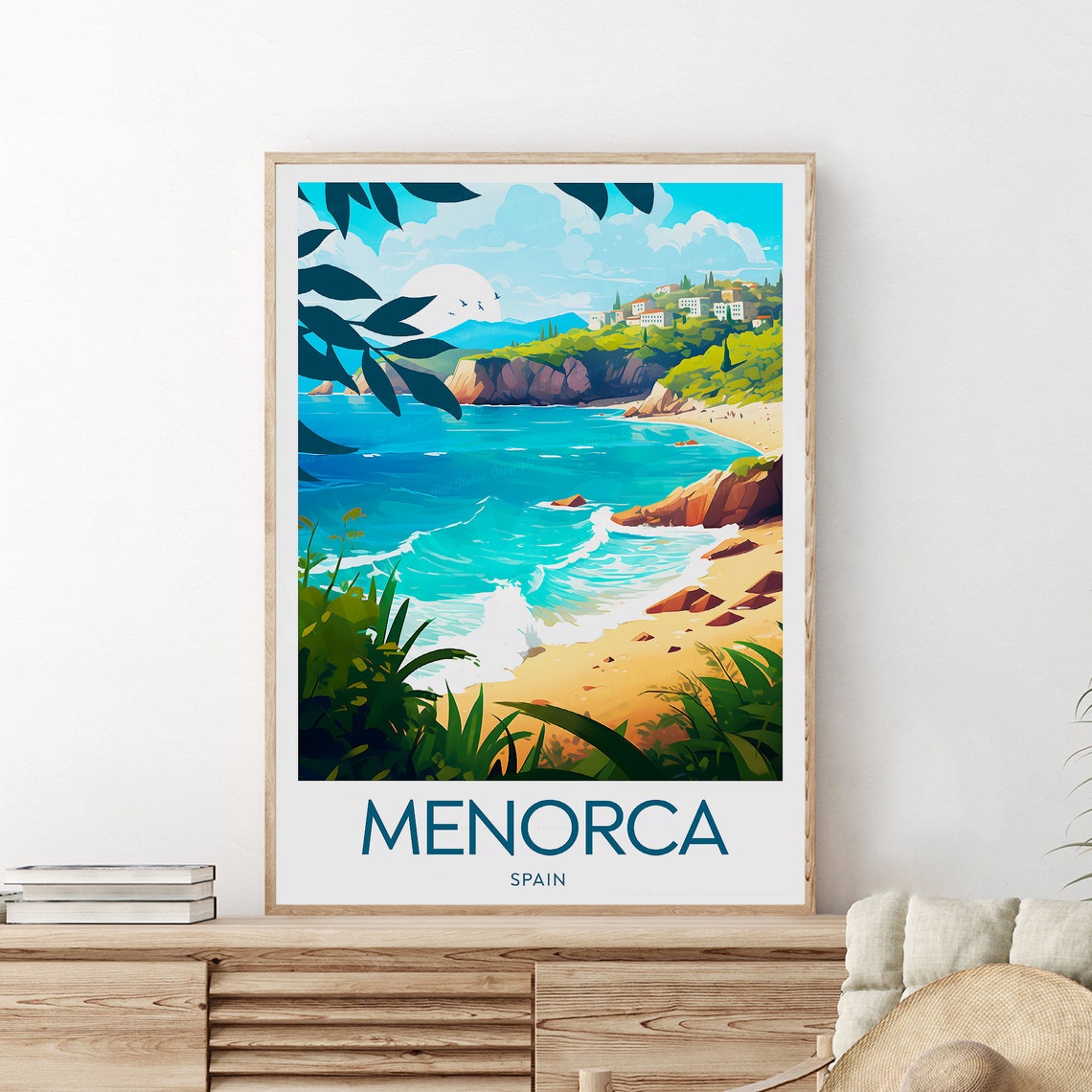 Menorca Spain Emerald Cove Sandy Beach Red Cliffs Travel Poster