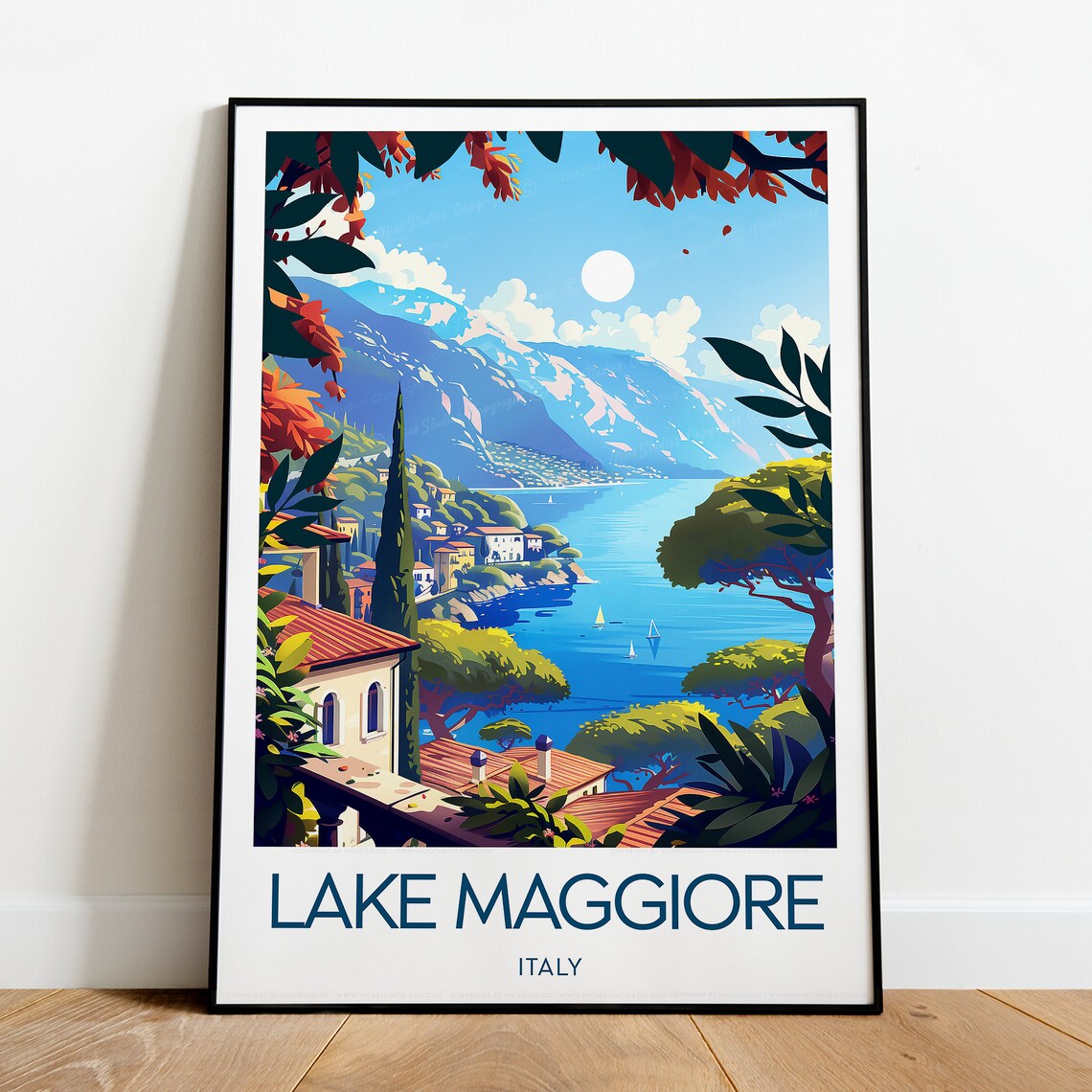 Lake Maggiore Italy Lakeside Villas Sailboats Mountains Sunny Poster