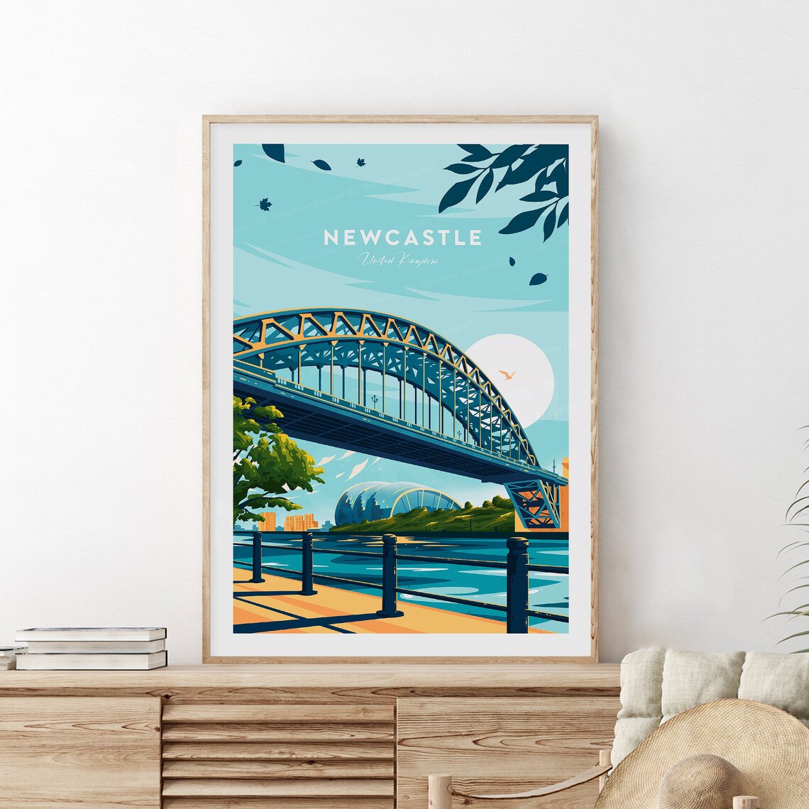 Newcastle Quayside Tyne Bridge Golden Sunset UK Travel Poster