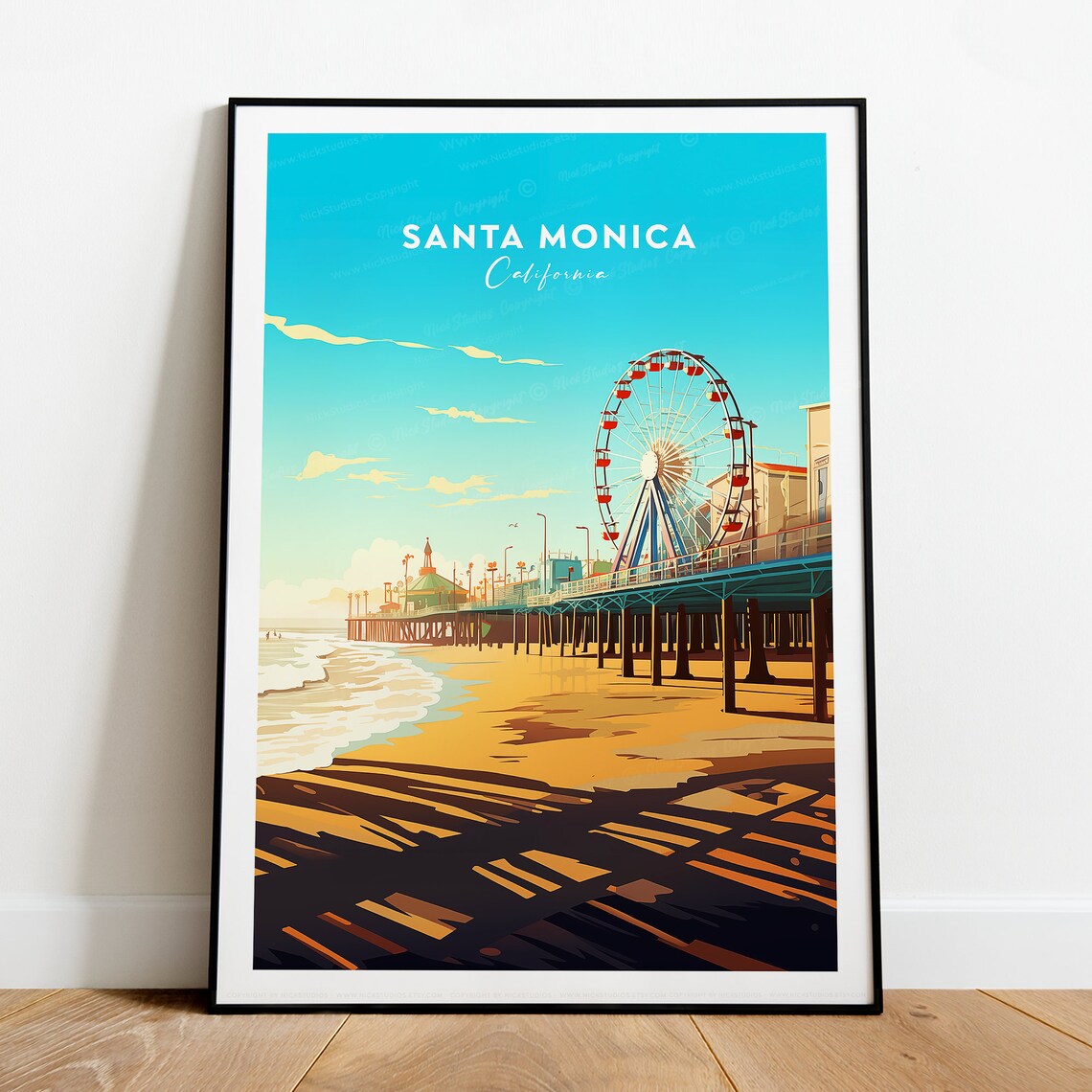 Santa Monica California Pier Ferris Wheel Beach Sunset Travel Poster