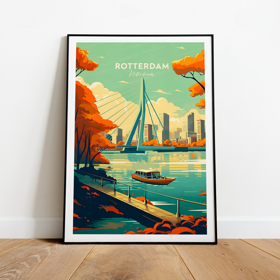 Rotterdam Netherlands Erasmus Bridge Autumn Canal Travel Poster