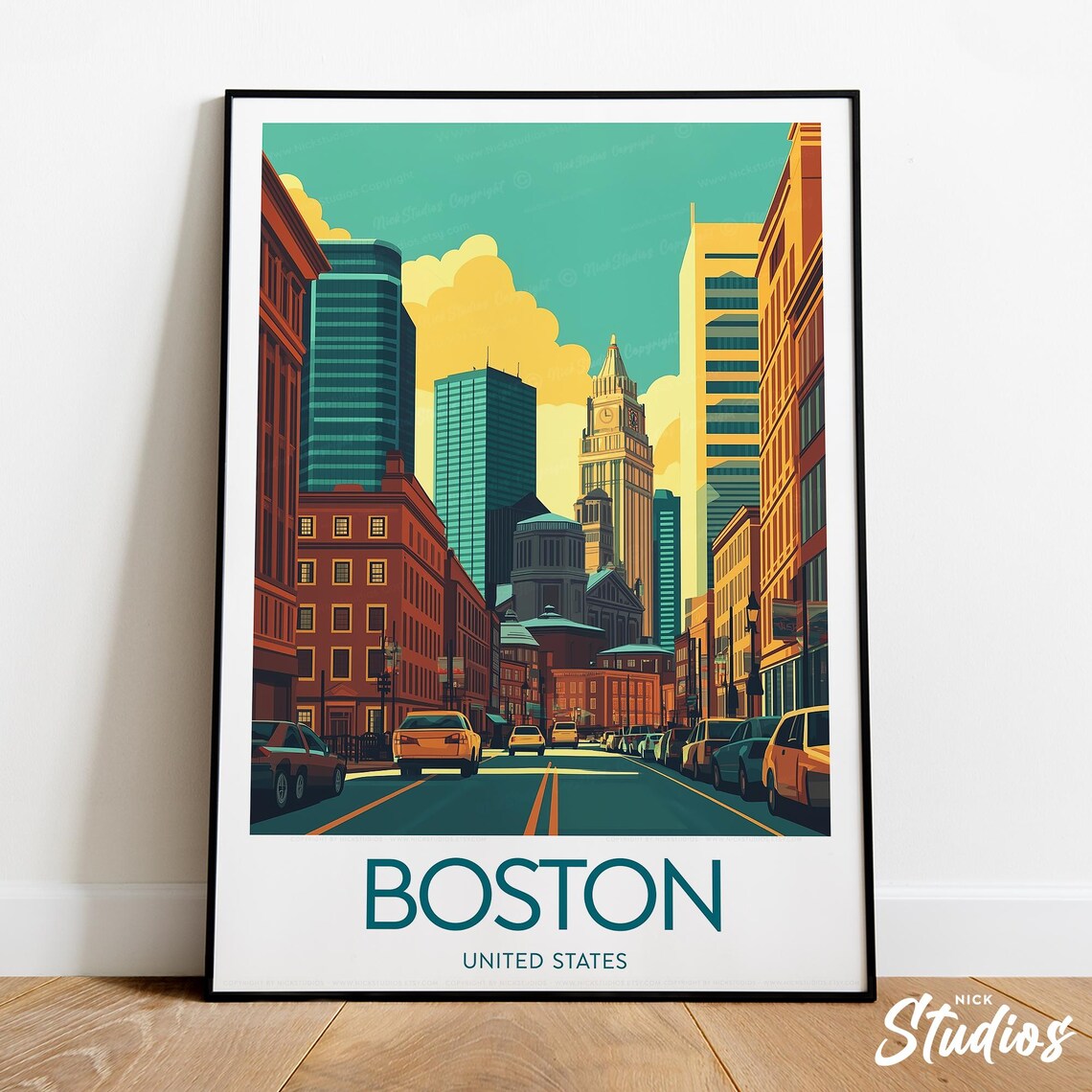 Boston Custom House Tower Clock Street Vintage Travel Poster