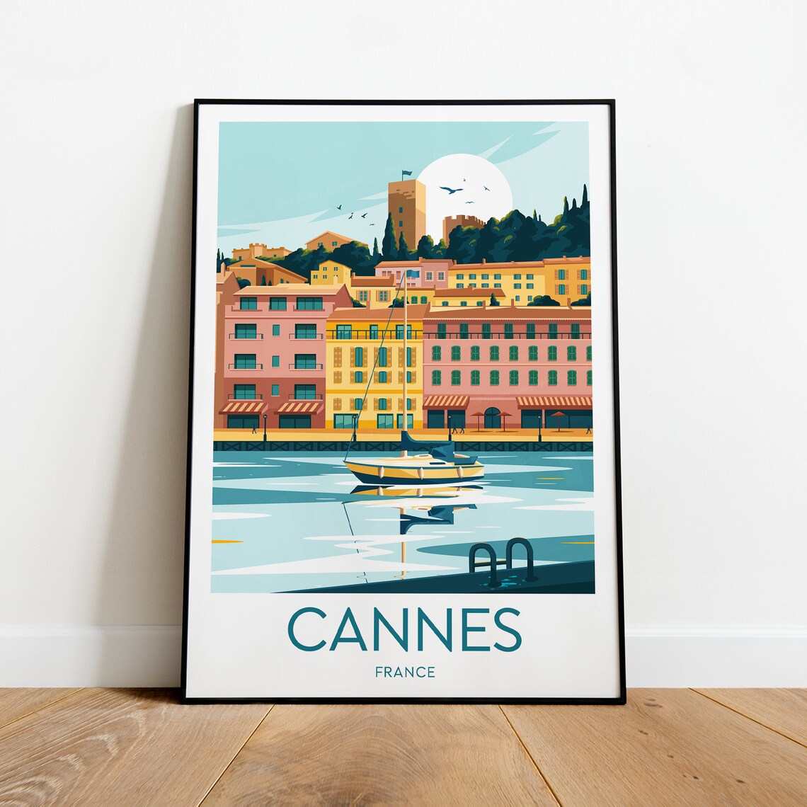 Cannes France Colorful Harbor Old Port Sailboats Travel Poster