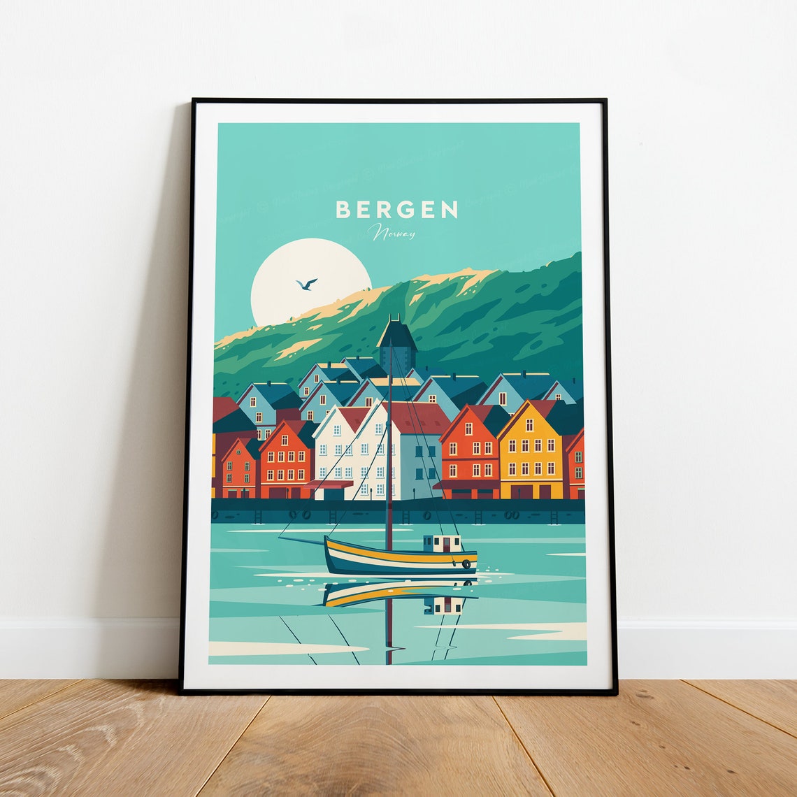 Bergen Norway Bryggen Historic Harbor Boat Moonrise Travel Poster