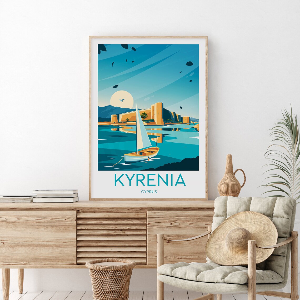 Vintage Kyrenia Cyprus Sailboat Castle Sunset Harbor Scenic Poster - Image 2